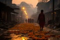 a man walking down a street covered in orange petals