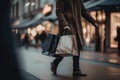 A man walking down a street holding shopping bags. AI generative image.