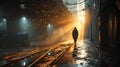 a man walking down a street near train tracks in the rain Royalty Free Stock Photo