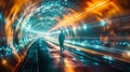 A man walking down a tunnel with lights and blurry images, AI Royalty Free Stock Photo