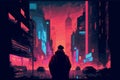 Man walking in a dystopic cyberpunk city. Vector art of neo noire futuristic megapole