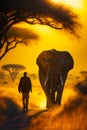 Man is walking with elephant on path in the desert at sunset. Generative AI Royalty Free Stock Photo