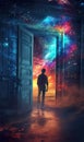 man walking into fantastic world through open door, new beginnings and new life, gate to heaven, afterlife and paradise