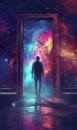 man walking into fantastic world through open door, new beginnings and new life, gate to heaven, afterlife and paradise