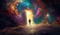 man walking into fantastic world through open door, new beginnings and new life, gate to heaven, afterlife and paradise