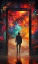 man walking into fantastic world through open door, new beginnings and new life, gate to heaven, afterlife and paradise