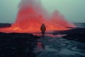 Man walking through fog, cloudy, misty, lava field glowing. AI generated