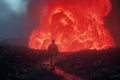 Man walking through fog, cloudy, misty, lava field glowing. AI generated