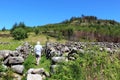 Man walking on footpath dry stone walled area Royalty Free Stock Photo