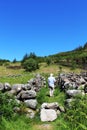Man walking on footpath dry stone walled area Royalty Free Stock Photo