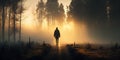 Man walking in forest, fog, mourning sunrise, Generative AI Royalty Free Stock Photo