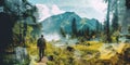 A man walking through a forest with a mountain in the background. Generative AI image. Royalty Free Stock Photo