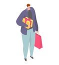 Man walking with gifts and shopping bags. Male shopper with presents and store purchases. Gift shopping concept, holiday