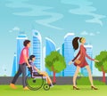 Man walking with girl in a wheelchair, girl walking through runs road. Group people disabled woman walking outdoors in different