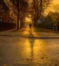 Man walking into the golden sunset on a cobblestone road casting a long shadow Royalty Free Stock Photo