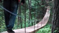 Man walking on a hanging bridge in National Park, USA. Stock footage. Rear view of a man hiker with backpack trekking in Royalty Free Stock Photo