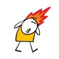 Man is walking, in pain. Headache, fire and flames from the body. Vector illustration of migraines and bad mood