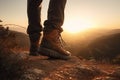 Man walking in hiking boots at unset on a hiking trail. Generative AI