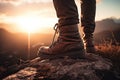 Man walking in hiking boots at unset on a hiking trail. Generative AI Royalty Free Stock Photo