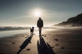 Man Walking With His Dog And Enjoying A Peaceful Beach Stroll At A Sunny Day By Blue Sky - Generative AI Royalty Free Stock Photo