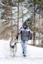 Man walking his dog in snowy forest Royalty Free Stock Photo