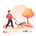 Man walking his happy dog in autumn park, pet care concept. Dog breed German Shepherd. The owner`s love for his pet. Vector