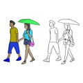 man walking with his lover with a green umbrella vector illustration sketch doodle hand drawn with black lines isolated on white Royalty Free Stock Photo