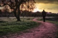 A man walking on an idylic country path with the sun in the distance Royalty Free Stock Photo