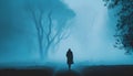 Man walking in the misty forest. Halloween concept. Vector illustration. Royalty Free Stock Photo