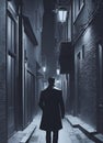man walking in narrow city street late at night generative AI illustration Royalty Free Stock Photo