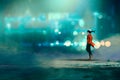 Man walking at nigh,gorgeous cold bokeh background