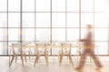 Man walking in panoramic dining room