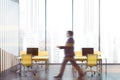 Man walking in panoramic office interior