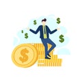 Man is walking on a pile of coins dollar money wealth people character flat design vector