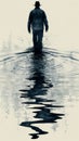 A man walking through a puddle of water with his hat on, AI Royalty Free Stock Photo