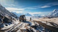 Man walking on the road with SUV car in winter mountains landscape Royalty Free Stock Photo