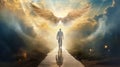 man walking on a road to heaven and an angel awaits him. creative AI Royalty Free Stock Photo