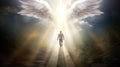 man walking on a road to heaven and an angel awaits him. creative AI Royalty Free Stock Photo