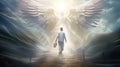 man walking on a road to heaven and an angel awaits him. creative AI Royalty Free Stock Photo
