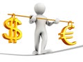 Man walking on a rope. Balance of dollar and euro Royalty Free Stock Photo