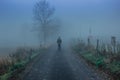 Man walking on scary misty road. Moody blue fog.Mystical fantasy Halloween atmosphere.Person walking to adventure.Horor like