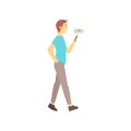 Man walking and sending message on his phone. Online dating service concept with boy talking in chat. Vector in flat