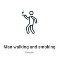 Man walking and smoking outline vector icon. Thin line black man walking and smoking icon, flat vector simple element illustration