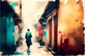 Man walking in the street in Shanghai, China. Digital painting. Royalty Free Stock Photo