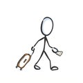 Man walking with suitcase and flight ticket in airport. Hand drawn. Stickman cartoon. Doodle sketch, Vector graphic illustration