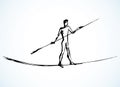 A man is walking on a tightrope. Vector drawing