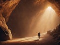 Man walking to the light and exit the cave - generated by ai Royalty Free Stock Photo