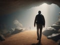 Man walking to the light and exit the cave - generated by ai Royalty Free Stock Photo