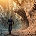 Man walking to the light and exit the cave - generated by ai Royalty Free Stock Photo