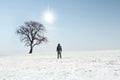 Man walking to lonely tree Royalty Free Stock Photo
